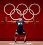 26 July 2021; Kristina Shermetova of Turkmenistan attempts lifting 93kg during the women's 55kg group A weightlifting final at the Tokyo Internarional Forum during the 2020 Tokyo Summer Olympic Games in Tokyo, Japan. Photo by Brendan Moran/Sportsfile