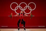 26 July 2021; Kristina Shermetova of Turkmenistan attempts lifting 92kg during the women's 55kg group A weightlifting final at the Tokyo Internarional Forum during the 2020 Tokyo Summer Olympic Games in Tokyo, Japan. Photo by Brendan Moran/Sportsfile