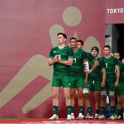 26 July 2021; Ireland captain Billy Dardis and team-mates before the rugby sevens men's pool C match between Ireland and USA at the Tokyo Stadium during the 2020 Tokyo Summer Olympic Games in Tokyo, Japan. Photo by Stephen McCarthy/Sportsfile