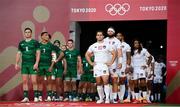 26 July 2021; United States captain Madison Hughes and Ireland captain Billy Dardis prepare to lead their side's out before the rugby sevens men's pool C match between Ireland and USA at the Tokyo Stadium during the 2020 Tokyo Summer Olympic Games in Tokyo, Japan. Photo by Stephen McCarthy/Sportsfile