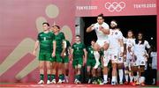 26 July 2021; United States captain Madison Hughes and Ireland captain Billy Dardis prepare to lead their side's out before the rugby sevens men's pool C match between Ireland and USA at the Tokyo Stadium during the 2020 Tokyo Summer Olympic Games in Tokyo, Japan. Photo by Stephen McCarthy/Sportsfile