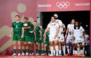 26 July 2021; United States captain Madison Hughes and Ireland captain Billy Dardis prepare to lead their side's out before the rugby sevens men's pool C match between Ireland and USA at the Tokyo Stadium during the 2020 Tokyo Summer Olympic Games in Tokyo, Japan. Photo by Stephen McCarthy/Sportsfile