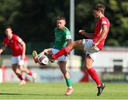 25 July 2021; Dylan McGlade of Cork City in action against Shane Blaney of Sligo Rovers during the FAI Cup First Round match between Sligo Rovers and Cork City at The Showgrounds in Sligo. Photo by Michael P Ryan/Sportsfile