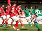 25 July 2021; Dale Holland of Cork City shoots to score his side's third goal during the FAI Cup First Round match between Sligo Rovers and Cork City at The Showgrounds in Sligo. Photo by Michael P Ryan/Sportsfile