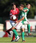 25 July 2021; Beineon O'Brien-Whitmarsh with team-mate Cian Coleman of Cork City in action against Shane Blaney of Sligo Rovers during the FAI Cup First Round match between Sligo Rovers and Cork City at The Showgrounds in Sligo. Photo by Michael P Ryan/Sportsfile