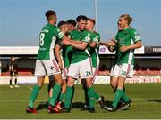 25 July 2021; Dylan McGlade of Cork City, second from left celebrates with team-mates after scoring his sides second goal from a penalty during the FAI Cup First Round match between Sligo Rovers and Cork City at The Showgrounds in Sligo. Photo by Michael P Ryan/Sportsfile