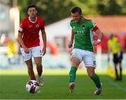 25 July 2021; Steven Beattie of Cork City in action against Jordan Gibson of Sligo Rovers during the FAI Cup First Round match between Sligo Rovers and Cork City at The Showgrounds in Sligo. Photo by Michael P Ryan/Sportsfile