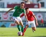 25 July 2021; Cian Coleman of Cork City in action against Regan Donelon of Sligo Rovers during the FAI Cup First Round match between Sligo Rovers and Cork City at The Showgrounds in Sligo. Photo by Michael P Ryan/Sportsfile