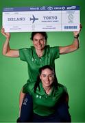 26 July 2021; Para-Cyclist Katie-George Dunlevy, top, and her pilot Eve McCrystal pose for a portrait during a Tokyo 2020 Paralympic Games Team Announcement at Abbotstown in Dublin. Photo by Sam Barnes/Sportsfile