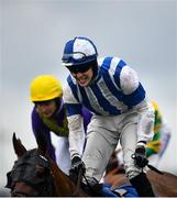 26 July 2021; Jockey Finny Maguire celebrates on Coltor as they cross the line to win the Connacht Hotel handicap during day one of the Galway Races Summer Festival at Ballybrit Racecourse in Galway. Photo by David Fitzgerald/Sportsfile