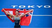27 July 2021; Flora Duffy of Bermuda celebrates after winning the Women's Triathlon at the Odaiba Marine Park during the 2020 Tokyo Summer Olympic Games in Tokyo, Japan. Photo by Stephen McCarthy/Sportsfile