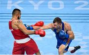 27 July 2021; Ato Leau Plodzicki-Faoagali of Samoa, left, and Uladzislau Smiahlikau of Belarus during the Men's Heavyweight Round of 16 bout at the Kokugikan Arena during the 2020 Tokyo Summer Olympic Games in Tokyo, Japan. Photo by Ramsey Cardy/Sportsfile
