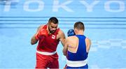 27 July 2021; Ato Leau Plodzicki-Faoagali of Samoa, left, and Uladzislau Smiahlikau of Belarus during the Men's Heavyweight Round of 16 bout at the Kokugikan Arena during the 2020 Tokyo Summer Olympic Games in Tokyo, Japan. Photo by Ramsey Cardy/Sportsfile