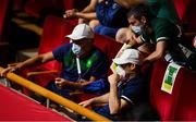 27 July 2021; Irish boxing backroom team members, from left, Coach John Conlan, Sports performance coach Kevin McManamon, and High performance director Bernard Dunne at the Kokugikan Arena during the 2020 Tokyo Summer Olympic Games in Tokyo, Japan.     Photo by Ramsey Cardy/Sportsfile