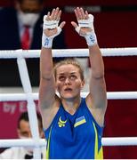 27 July 2021; Anna Lysenko of Ukraine celebrates defeating Oumayma Bel Ahbib of Morocco in the Women's Welterweight bout at the Kokugikan Arena during the 2020 Tokyo Summer Olympic Games in Tokyo, Japan. Photo by Ramsey Cardy/Sportsfile