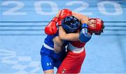 27 July 2021; Angela Carini of Italy, right, and Nien-Chin Chen of Chinese Taipei during the Women's Welterweight Round of 16 bout at the Kokugikan Arena during the 2020 Tokyo Summer Olympic Games in Tokyo, Japan. Photo by Ramsey Cardy/Sportsfile