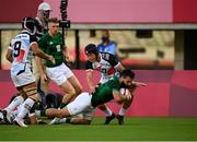 27 July 2021; Mark Roche of Ireland dives over to score his side's first try during the Men's Rugby Sevens quarter-final/9th place play-off at the Tokyo Stadium during the 2020 Tokyo Summer Olympic Games in Tokyo, Japan. Photo by Stephen McCarthy/Sportsfile