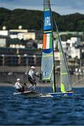 27 July 2021; Robert Dickson, left, and Sean Waddilove of Ireland in action during the 49er Men at the Enoshima Yacht Harbour during the 2020 Tokyo Summer Olympic Games in Tokyo, Japan. Photo by Brendan Moran/Sportsfile