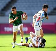 27 July 2021; Jordan Conroy of Ireland in action against Wanyong Park, left, and Yeon Sik Jeong of Republic of Korea during the Men's Rugby Sevens 9th place play-off match between Ireland and Republic of Korea at the Tokyo Stadium during the 2020 Tokyo Summer Olympic Games in Tokyo, Japan. Photo by Stephen McCarthy/Sportsfile