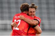 27 July 2021; Dan Bibby and Harry Glover, left, of Great Britain celebrate following the Men's Rugby Sevens quarter-final match between Great Britain and United States at the Tokyo Stadium during the 2020 Tokyo Summer Olympic Games in Tokyo, Japan. Photo by Stephen McCarthy/Sportsfile