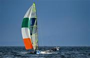 27 July 2021; Sean Waddilove, left, and Robert Dickson of Ireland on their way to victory in the men's 49er race 2 at the Enoshima Yacht Harbour during the 2020 Tokyo Summer Olympic Games in Tokyo, Japan. Photo by Brendan Moran/Sportsfile