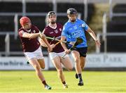 27 July 2021; Seamus Fenton of Dublin in action against Shane Quirke and Diarmuid Kilcommins of Galway during the Leinster GAA U20 Hurling Championship Final match between Dublin and Galway at MW Hire O'Moore Park in Portlaoise, Laois. Photo by Matt Browne/Sportsfile
