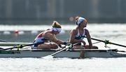 28 July 2021; Helene Lefebvre, left, congratulates France team-mate Elodie Ravera-Scaramozzino after finishing second in the women's double sculls final B at the Sea Forest Waterway during the 2020 Tokyo Summer Olympic Games in Tokyo, Japan. Photo by Seb Daly/Sportsfile