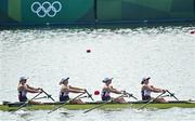 28 July 2021; Great Britain rowers, from left, Hannah Scott, Mathilda Hodgkins Byrne, Charlotte Hodgkins Byrne and Lucy Glover on their way to winning the Women's Quadruple Sculls Final B at the Sea Forest Waterway during the 2020 Tokyo Summer Olympic Games in Tokyo, Japan. Photo by Seb Daly/Sportsfile