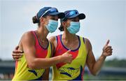 28 July 2021; Simona Radis, left, and Ancuta Bodnar of Romania celebrate after winning the Women's Double Sculls Final A at the Sea Forest Waterway during the 2020 Tokyo Summer Olympic Games in Tokyo, Japan. Photo by Seb Daly/Sportsfile