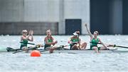 28 July 2021; Ireland rowers, from left, Aifric Keogh, Eimear Lambe, Fiona Murtagh and Emily Hegarty celebrate after finishing 3rd place in the Women's Four final at the Sea Forest Waterway during the 2020 Tokyo Summer Olympic Games in Tokyo, Japan. Photo by Seb Daly/Sportsfile