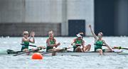 28 July 2021; Ireland rowers, from left, Aifric Keogh, Eimear Lambe, Fiona Murtagh and Emily Hegarty celebrate after finishing 3rd place in the Women's Four final at the Sea Forest Waterway during the 2020 Tokyo Summer Olympic Games in Tokyo, Japan. Photo by Seb Daly/Sportsfile