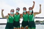 28 July 2021; Ireland rowers, from left, Emily Hegarty, Fiona Murtagh, Eimear Lambe and Aifric Keogh celebrate after finishing 3rd place in the Women's Four final at the Sea Forest Waterway during the 2020 Tokyo Summer Olympic Games in Tokyo, Japan. Photo by Seb Daly/Sportsfile