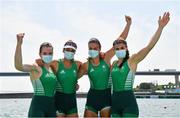 28 July 2021; Ireland rowers, from left, Emily Hegarty, Fiona Murtagh, Eimear Lambe and Aifric Keogh celebrate after finishing 3rd place in the Women's Four final at the Sea Forest Waterway during the 2020 Tokyo Summer Olympic Games in Tokyo, Japan. Photo by Seb Daly/Sportsfile