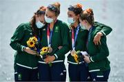 28 July 2021; Ireland rowers, from left, Aifric Keogh, Eimear Lambe, Fiona Murtagh and Emily Hegarty on the podium with their bronze medals after finishing 3rd place in the Women's Four final at the Sea Forest Waterway during the 2020 Tokyo Summer Olympic Games in Tokyo, Japan. Photo by Seb Daly/Sportsfile