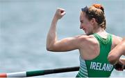 28 July 2021; Emily Hegarty celebrates after finishing 3rd place in the Women's Four final with Ireland team-mates Aifric Keogh, Fiona Murtagh, Eimear Lambe, not pictured, at the Sea Forest Waterway during the 2020 Tokyo Summer Olympic Games in Tokyo, Japan. Photo by Seb Daly/Sportsfile