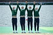 28 July 2021; Ireland rowers, from left, Aifric Keogh, Eimear Lambe, Fiona Murtagh and Emily Hegarty celebrate on the podium with their bronze medals after finishing 3rd place in the Women's Four final at the Sea Forest Waterway during the 2020 Tokyo Summer Olympic Games in Tokyo, Japan. Photo by Seb Daly/Sportsfile