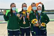 28 July 2021; Ireland rowers, from left, Aifric Keogh, Fiona Murtagh, Eimear Lambe, and Emily Hegarty with their bronze medals after finishing 3rd place in the Women's Four final at the Sea Forest Waterway during the 2020 Tokyo Summer Olympic Games in Tokyo, Japan. Photo by Seb Daly/Sportsfile