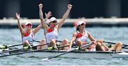28 July 2021; Poland rowers, from left, Agnieszka Kobus-Zawojska, Marta Wielczko, Maria Sajdak and Katarzyna Zillmann celebrate after finishing 2nd place in the Women's Quadruple Sculls Final A at the Sea Forest Waterway during the 2020 Tokyo Summer Olympic Games in Tokyo, Japan. Photo by Seb Daly/Sportsfile