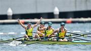 28 July 2021; Australia rowers, from left, Ria Thompson, Rowena Meridith, Harriet Hudson and Caitlin Cronin celebrate after finishing 3rd place in the Women's Quadruple Sculls Final A at the Sea Forest Waterway during the 2020 Tokyo Summer Olympic Games in Tokyo, Japan. Photo by Seb Daly/Sportsfile