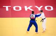 28 July 2021; Megan Fletcher of Ireland, left, and Michaela Polleres of Austria during their women's -70 kg elimination round of 32 match at the Nippon Budokan during the 2020 Tokyo Summer Olympic Games in Tokyo, Japan. Photo by Stephen McCarthy/Sportsfile