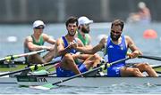 28 July 2021; Stefano Oppo, left, congratulates Italy team-mate Pietro Ruta after they finished 2nd place in the Men's Lightweight Double Sculls semi-final A/B at the Sea Forest Waterway during the 2020 Tokyo Summer Olympic Games in Tokyo, Japan. Photo by Seb Daly/Sportsfile