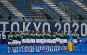 28 July 2021; Ireland players stand for the national anthem before the women's pool A group stage match between Germany and Ireland at the Oi Hockey Stadium during the 2020 Tokyo Summer Olympic Games in Tokyo, Japan. Photo by Brendan Moran/Sportsfile