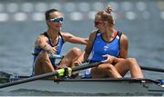 28 July 2021; Maria Kyridou, left, and Christina Ioanna Bourmpou of Greece celebrate after winning the Women's Pair semi-final A/B at the Sea Forest Waterway during the 2020 Tokyo Summer Olympic Games in Tokyo, Japan. Photo by Seb Daly/Sportsfile