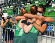 28 July 2021; Ireland coach Giuseppe De Vita congratulates Eimear Lambe after the Ireland Women's Four fininshed in 3rd place to win a bronze medal in the Women's Four finalat the Sea Forest Waterway during the 2020 Tokyo Summer Olympic Games in Tokyo, Japan. Photo by Seb Daly/Sportsfile