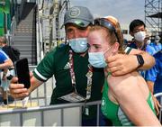 28 July 2021; Rowing Ireland coach Ciro Prisco congratulates Emily Hegarty after the Ireland Women's Four fininshed in 3rd place to win a bronze medal in the Women's Four finalat the Sea Forest Waterway during the 2020 Tokyo Summer Olympic Games in Tokyo, Japan. Photo by Seb Daly/Sportsfile