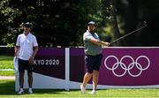 28 July 2021; Shane Lowry of Ireland, watched by his coach Neil Manchip, watches his tee shot on the 11th hole during a practice round at the Kasumigaseki Country Club during the 2020 Tokyo Summer Olympic Games in Kawagoe, Saitama, Japan. Photo by Ramsey Cardy/Sportsfile