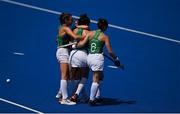 28 July 2021; Hannah McLoughlin of Ireland celebrates with team-mates Deirdre Duke, left, and Roisin Upton, 6, after scoring her side's second goal, from a penalty corner, during the women's pool A group stage match between Germany and Ireland at the Oi Hockey Stadium during the 2020 Tokyo Summer Olympic Games in Tokyo, Japan. Photo by Brendan Moran/Sportsfile