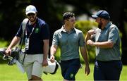 28 July 2021; Rory McIlroy, centre, and Shane Lowry of Ireland, with Shane Lowry's caddie Alan Lowry, left, during a practice round at the Kasumigaseki Country Club during the 2020 Tokyo Summer Olympic Games in Kawagoe, Saitama, Japan. Photo by Ramsey Cardy/Sportsfile
