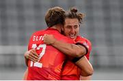 27 July 2021; Dan Bibby and Harry Glover, left, of Great Britain celebrate following the Men's Rugby Sevens quarter-final match between Great Britain and United States at the Tokyo Stadium during the 2020 Tokyo Summer Olympic Games in Tokyo, Japan. Photo by Stephen McCarthy/Sportsfile