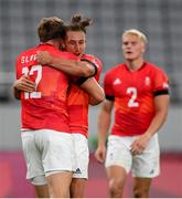27 July 2021; Dan Bibby and Harry Glover, left, of Great Britain celebrate following the Men's Rugby Sevens quarter-final match between Great Britain and United States at the Tokyo Stadium during the 2020 Tokyo Summer Olympic Games in Tokyo, Japan. Photo by Stephen McCarthy/Sportsfile